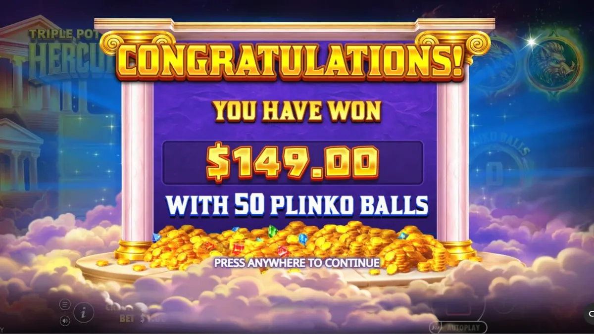 Tampilan visual slot Triple Pot Plinko – Hercules dengan latar belakang Gunung Olympus.