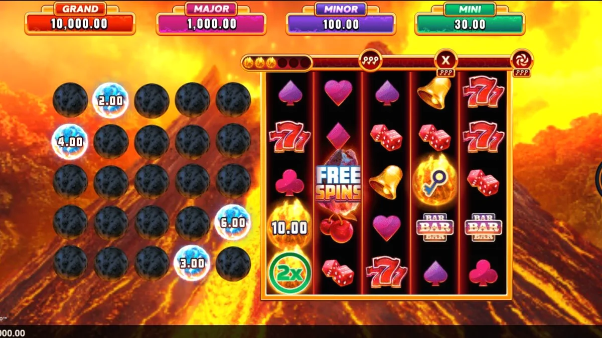 Tampilan visual slot Eruption Blaze Cashingo dengan tema gunung berapi dan koin emas.